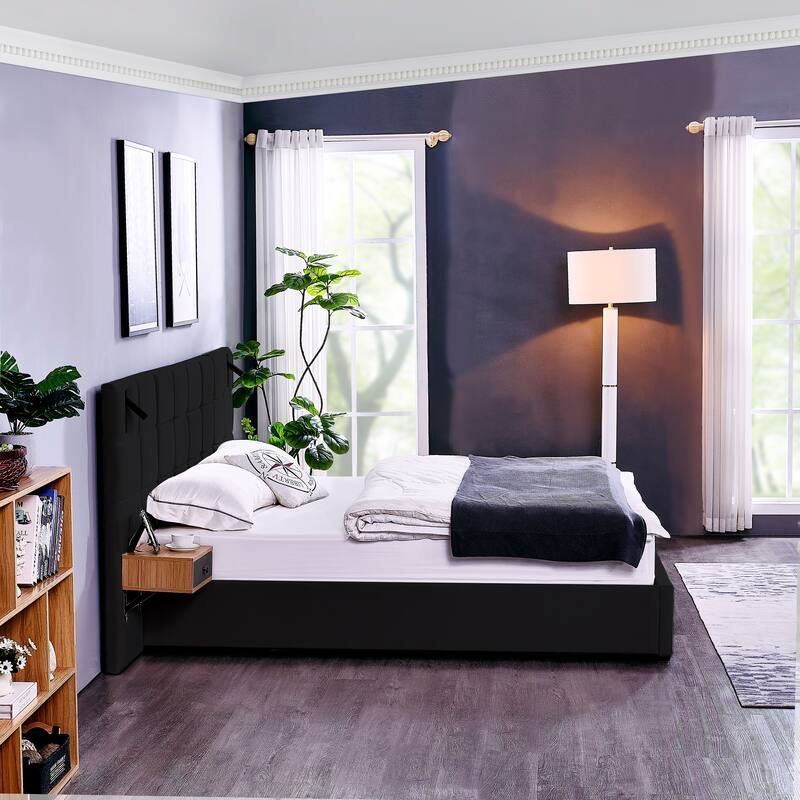 King SizeVelvet Upholstered Hydraulic Platform Bed with Built-in Reading Lamps, USB Ports and Integrated Storage Shelves
