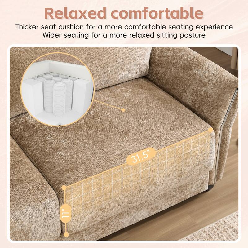 Modular Sectional Sofa Set with Petal Armrest Design External USB and Type-C Charger, Movable Ottoman, Chenille