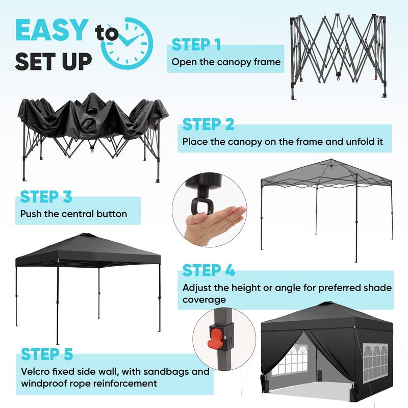 Ainfox 10x10 Pop Up Canopy Tent with 4 Sidewalls, Easy Set up with One Push Lift Outdoor Beach Gazebos with 4 Sandbags