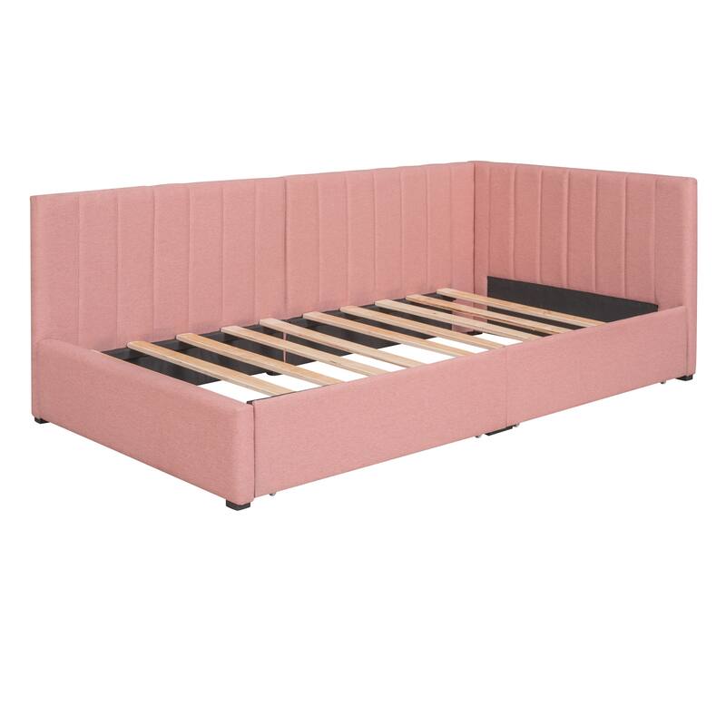 Pink Linen Twin Upholstered Daybed with Storage Drawers - No Box Spring Required