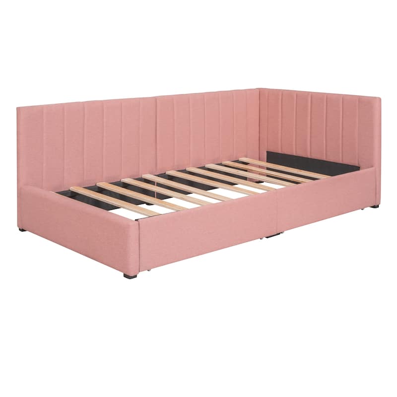 Semi-Closed Platform Bed Twin Size Upholstered Daybed with Storage Drawers, Linen Fabric Sofa Bed Frame with Wood Slat Support