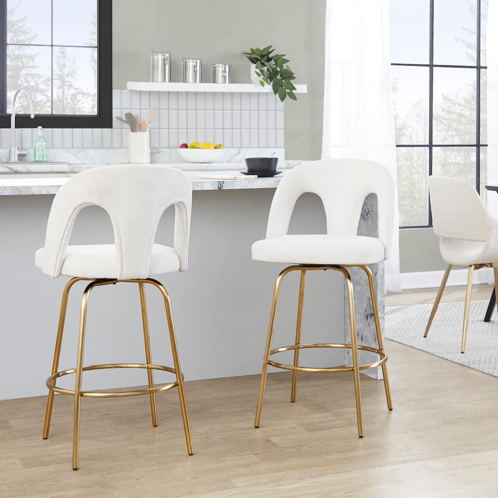 Silver Orchid Ashton Upholstered 26" Gold Counter Stool with Metal Legs & Round Footrest (Set of 2)