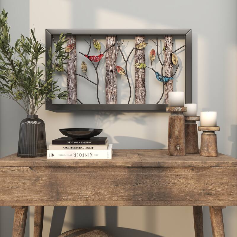 Black Metal Bird Wall Decor with Tree Branches and Colorful Leaves