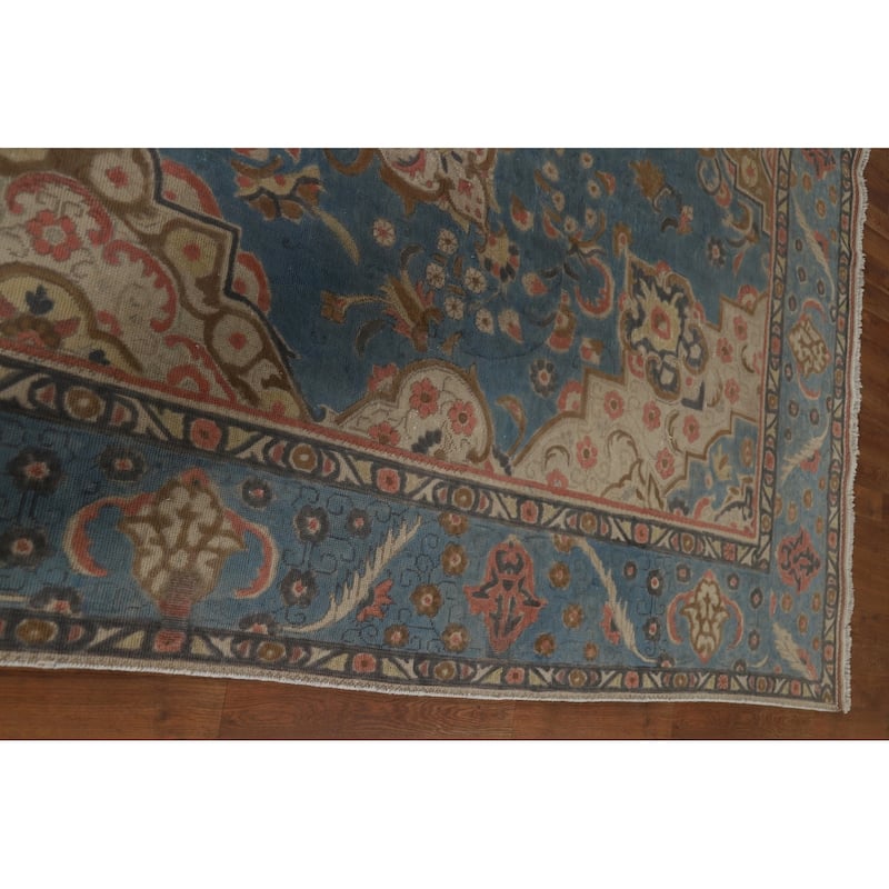 Distressed Blue Tabriz Persian Antique Area Rug Handmade Wool Carpet - 9'3" x 12'8"