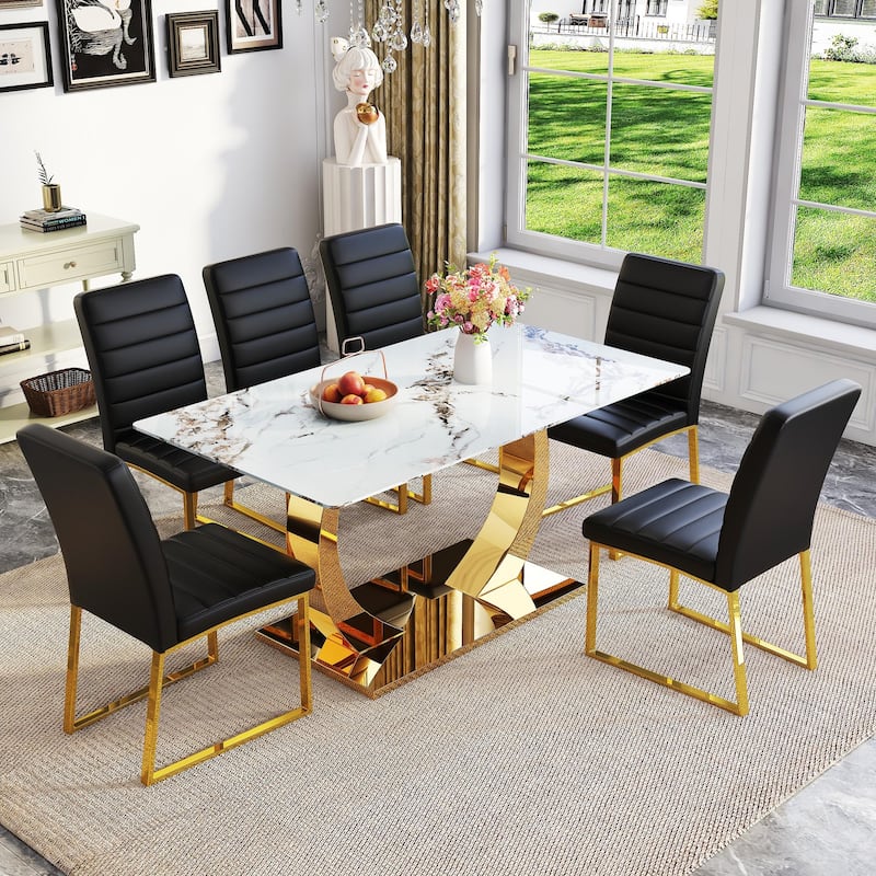 5-Piece Modern Tempered Glass Dining Table Set, 63-Inch Dining Table with 4 Minimalist Style Chairs