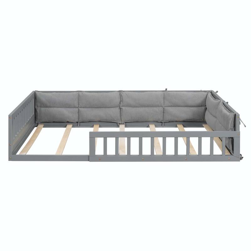 Wood Upholstered Platform Bed with Guardrail and Pillow