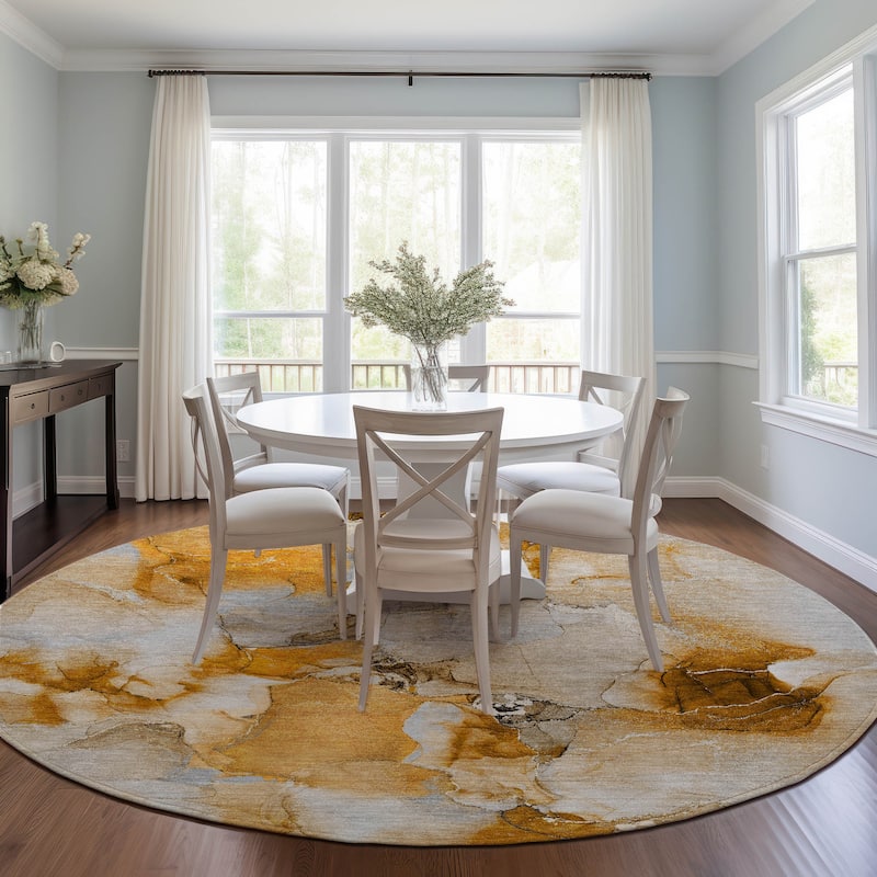 Machine Washable Indoor/ Outdoor Abstract Watercolor Chantille Rug - 8' x 8' - Orange