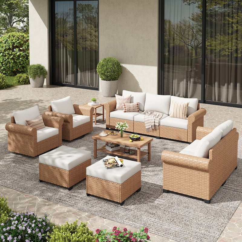 8-Piece Outdoor Conversation Set with Swivel Chairs - Beige