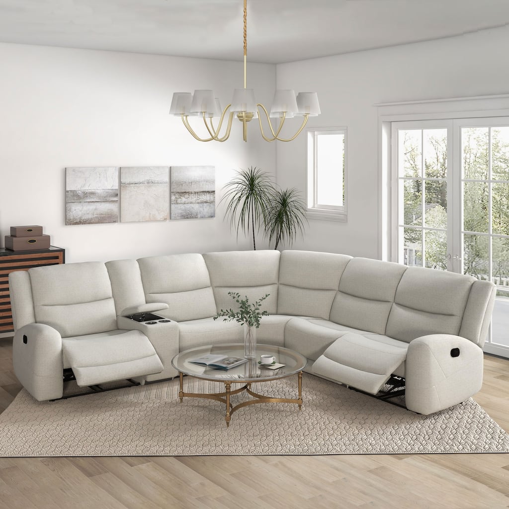 Furniture of America Jorwyn Beige Fabric 6-Seater Reclining Sectional Sofa with Cup Holders