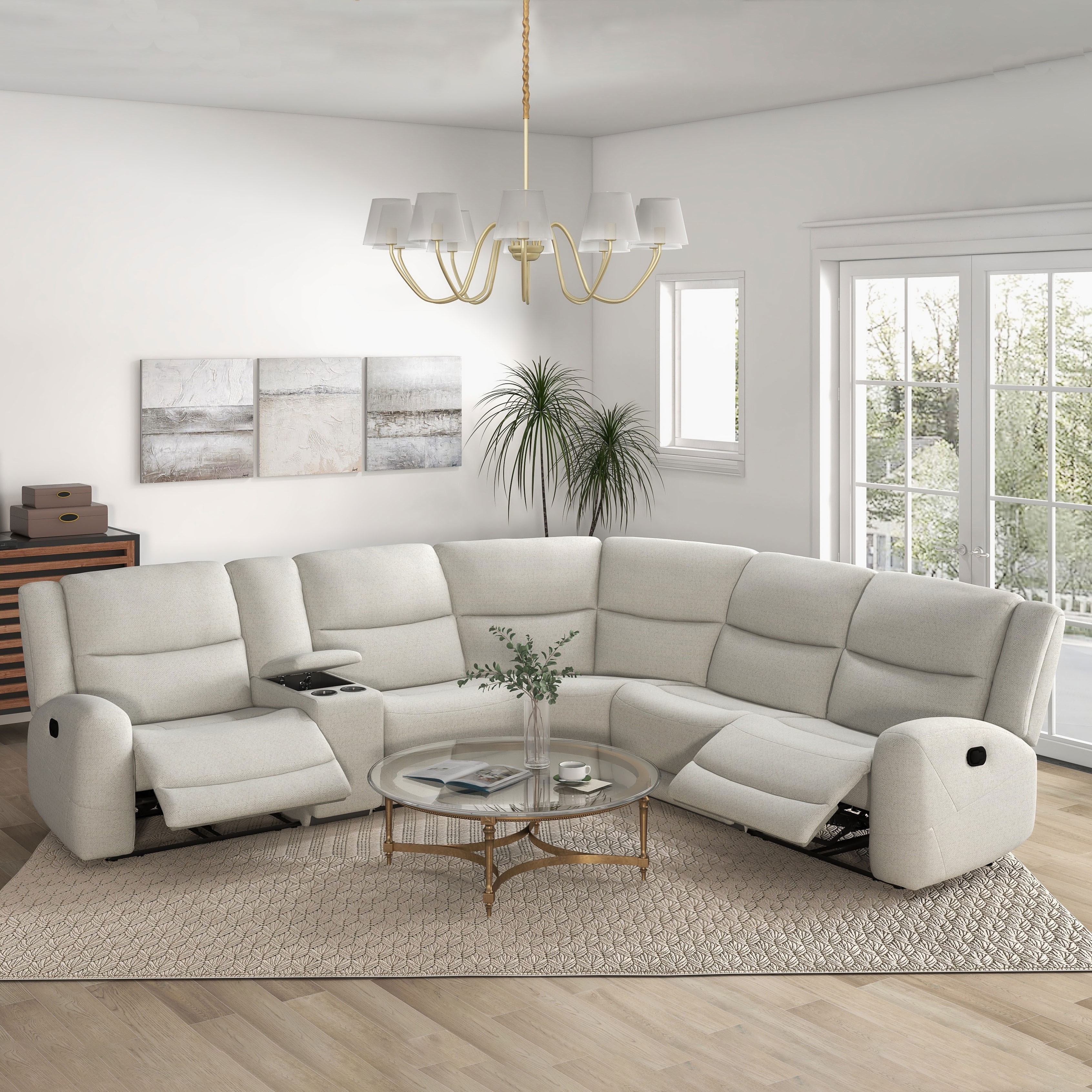 Furniture of America Jorwyn Beige Fabric 6-Seater Reclining Sectional Sofa with Cup Holders