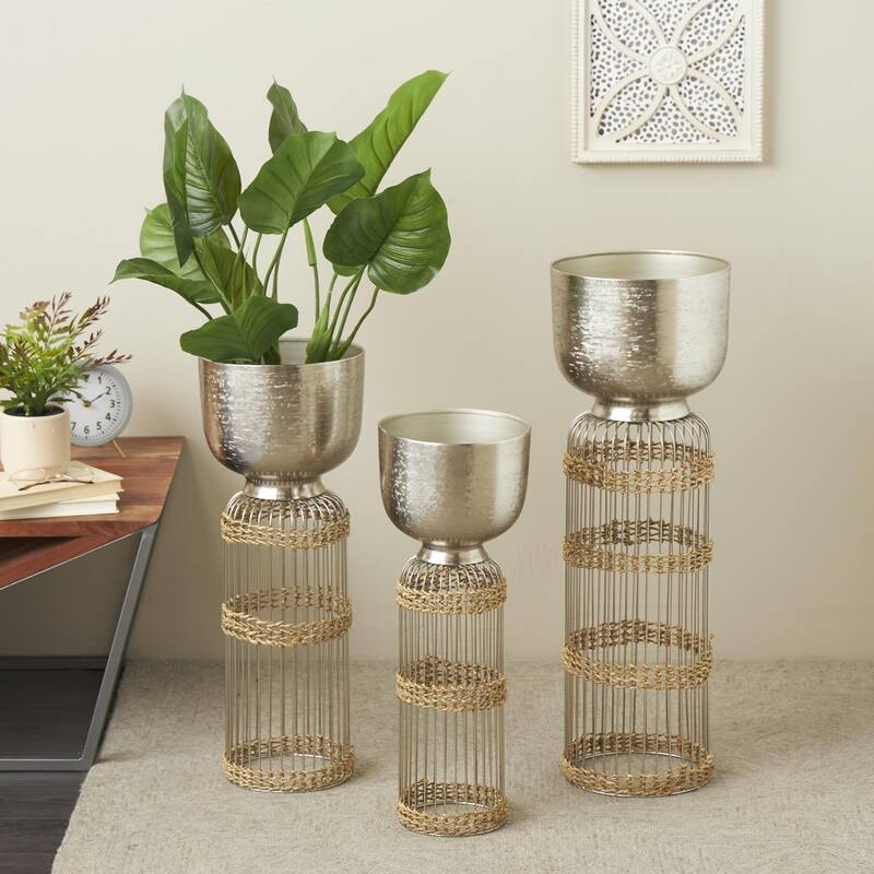 Metal Textured Dome Indoor Planter with Woven Seagrass or Rattan and Cage Rod Base - Set of 3 Gold or Silver - Roche River Decor
