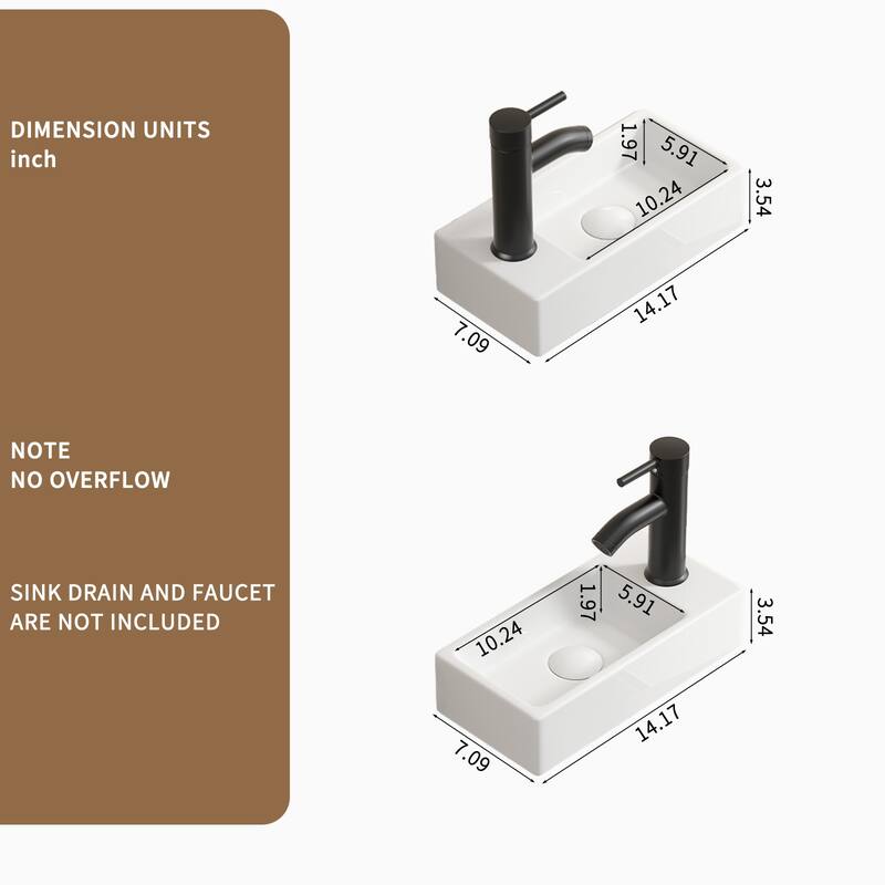 GDFStudio - Kairo 18" Modern Ceramic Wall Hung Cloakroom Basin Sink with Rectangular Basin, without Tap and Drain