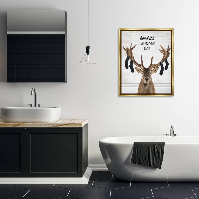 Stupell Laundry Elk with Hanging Socks Framed Floater Canvas Wall Art Design By Lettered and Lined