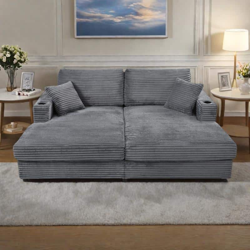86.5" Corduroy Chaise Lounge Sofa Bed with USB Ports, Cup Holders and 8" Thick Cushions