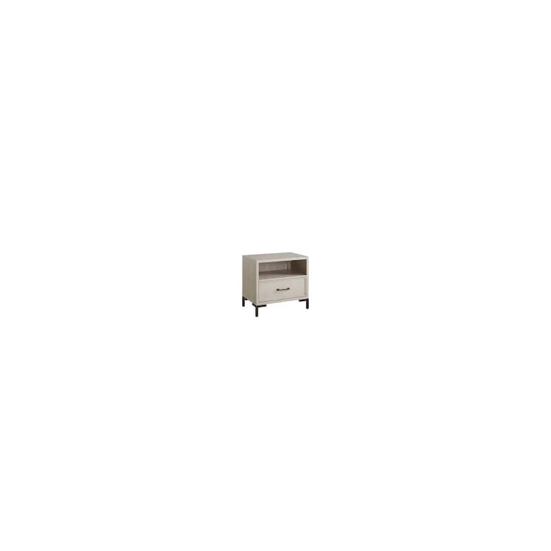 Antique White Nightstand with Metal Legs, Felt-Lined Drawer, and Open Shelf, Modern Bedside Storage Table