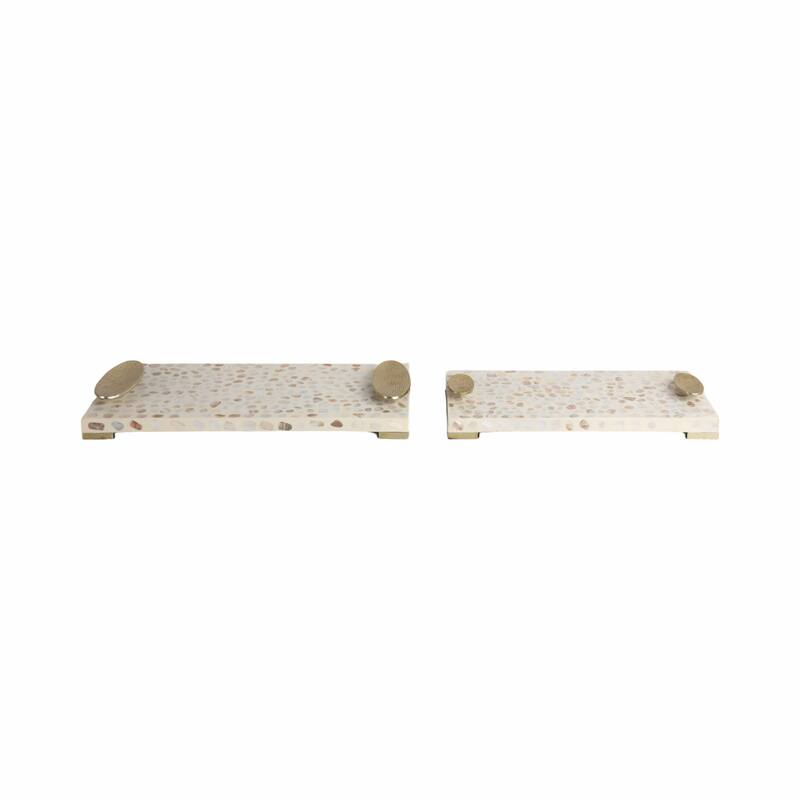 Rectangular Textured Tray with Metal Handles-Set of 2, 22", 18", White - 22.0"