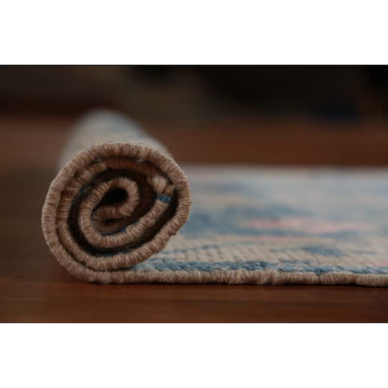 Hand Knotted Oriental 100% Wool Carpet Transitional Geometric Navy Blue & Blues Oushak Runner Rug - 9' 4'' X 3' 0''
