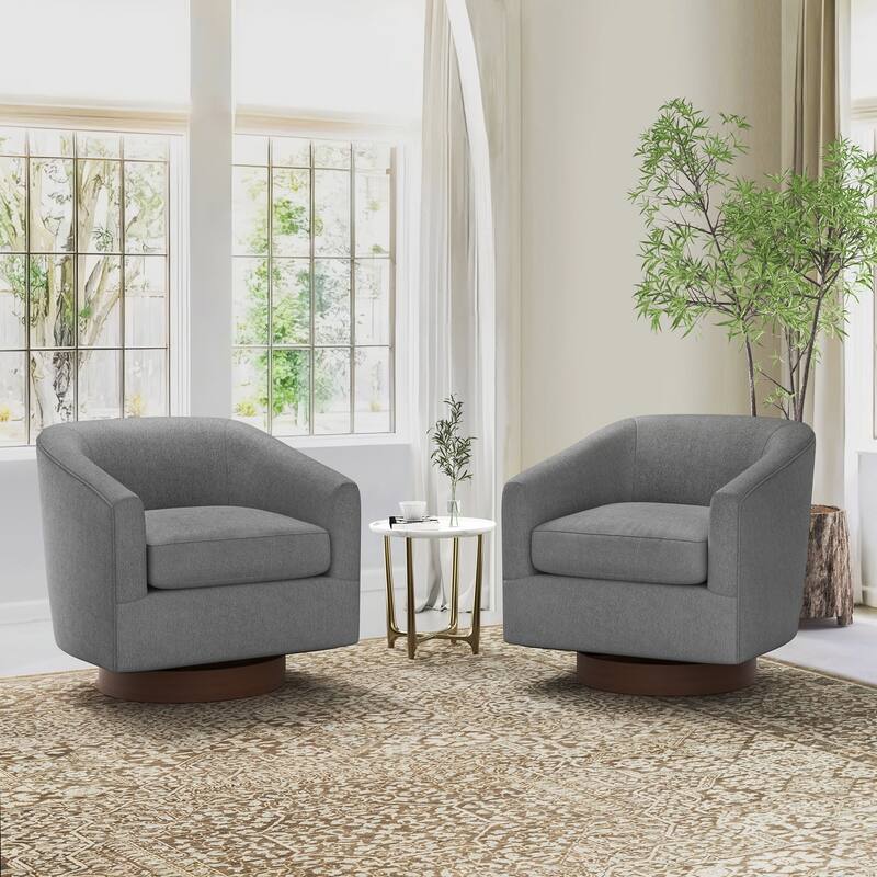 Modern Wooden Barrel Swivel Accent Chair Upholstery Armchair for Living Room - Gray - Set of 2