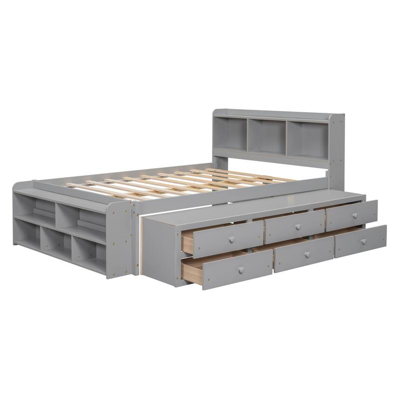 Bed with Bookcase Headboard and Under bed Storage Drawers