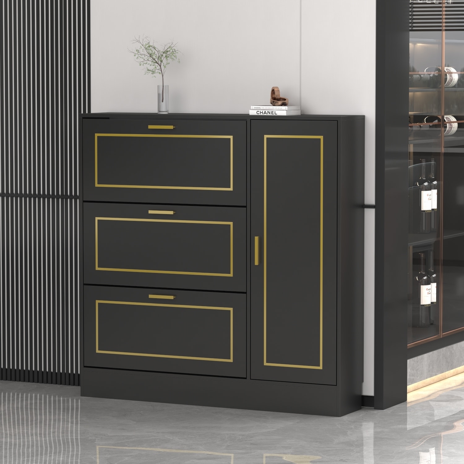 3 Drawer Shoe Storage Cabinet with 1 Door Everly Quinn Finish: Black