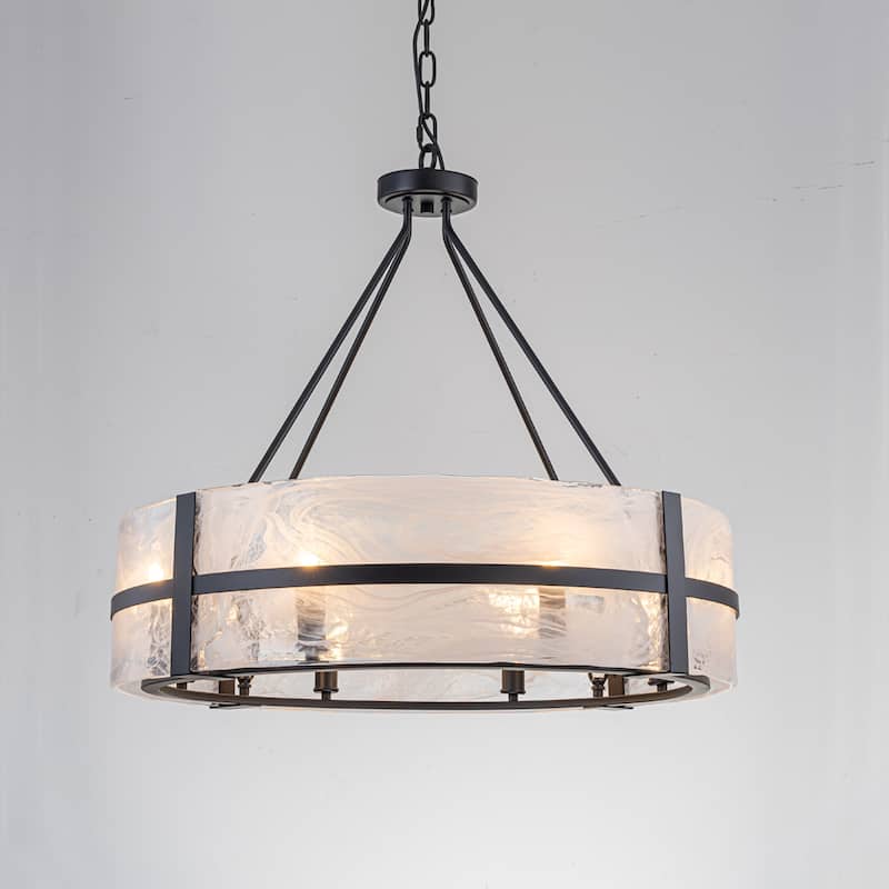 Dimmable Large Drum Glass Chandelier for Dining Room High Ceiling Living Room - W27.95" - Black-Cloudy Glass