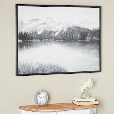 Gray Canvas Neutral Toned Lake Landscape Framed Wall Art with Black Frame