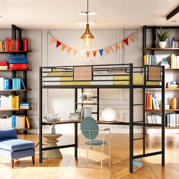 slide 2 of 15, Twin Muti-Functional Metal Loft Bed with Desk and Shelve,Black White