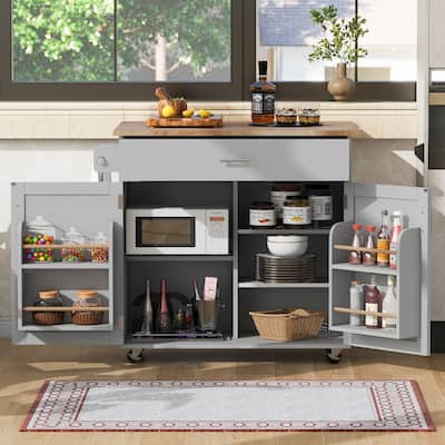 Rolling Kitchen Island Cart with Storage, Adjustable Shelf & Towel Rack, Drawer, Kitchen Cart with Rubber Wood Top