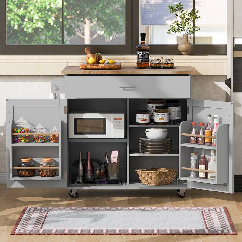 Rolling Kitchen Island with Storage, Kitchen Cart with Rubber Wood Top