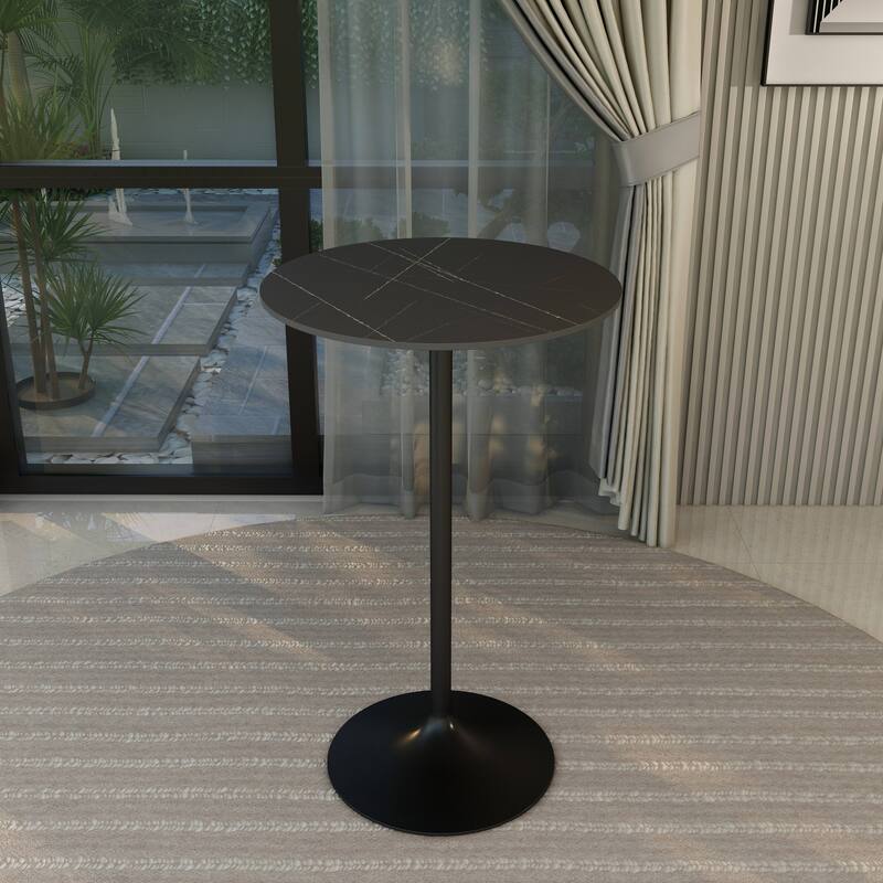 LeisureMod Verve 27" Bar Height Dining Table with Sintered Stone Round Top in Black Pedestal Base