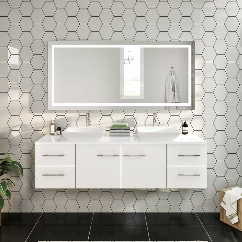 Eviva Wave 60" White DS Bath Vanity with Quartz Top & Vessel Sinks