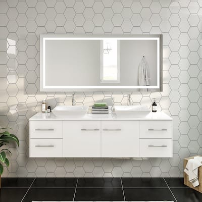 Eviva Wave 60" White DS Bath Vanity with Quartz Top & Vessel Sinks
