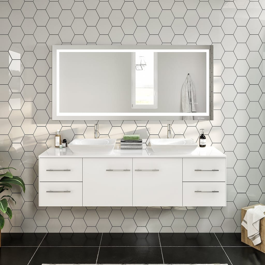 Eviva Wave 60" White DS Bath Vanity with Quartz Top & Vessel Sinks