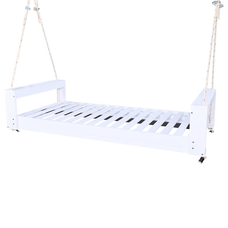 Twin Size Porch Swing Bed Seating Group, Patio Acacia Wood Swing Frame with Hemp Ropes for Garden, Backyard