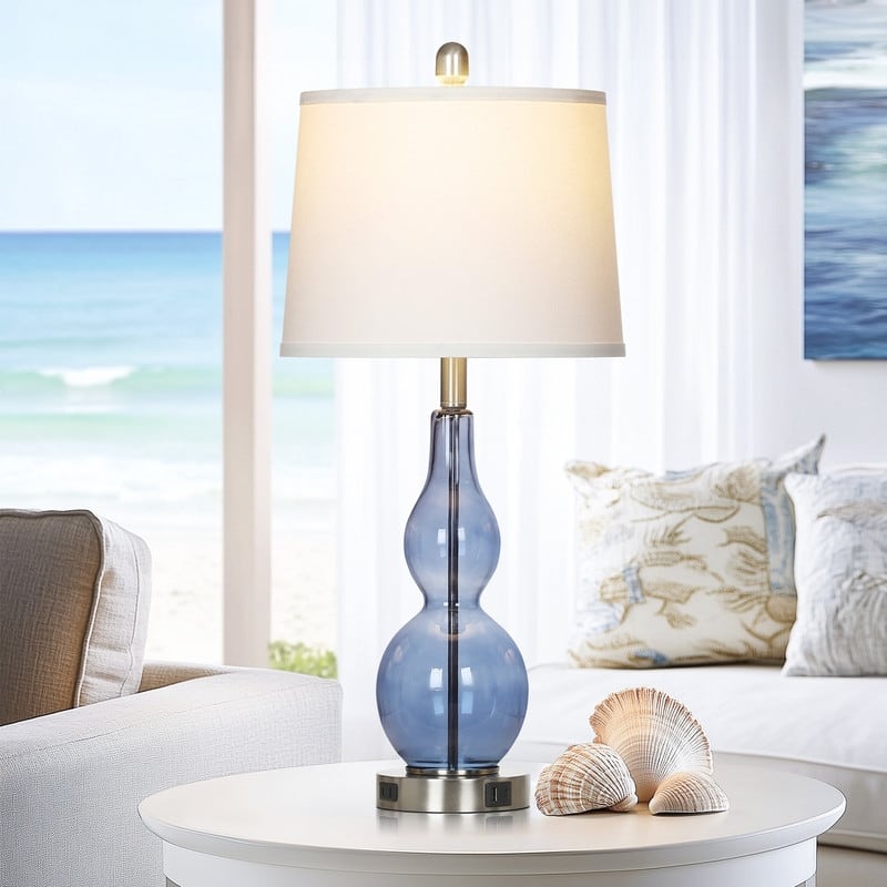 27.5'' Blue Glass Table Lamps with USB-C, USB-A & AC Outlet, Touch Control, Modern Bedside Lamps(Set of 2) - Blue - 12.5'' x 12.5'' x 27.5''