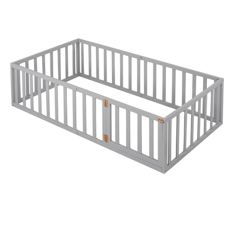 Twin Size Wood Floor Bed Frame with Fence and Door,Natural