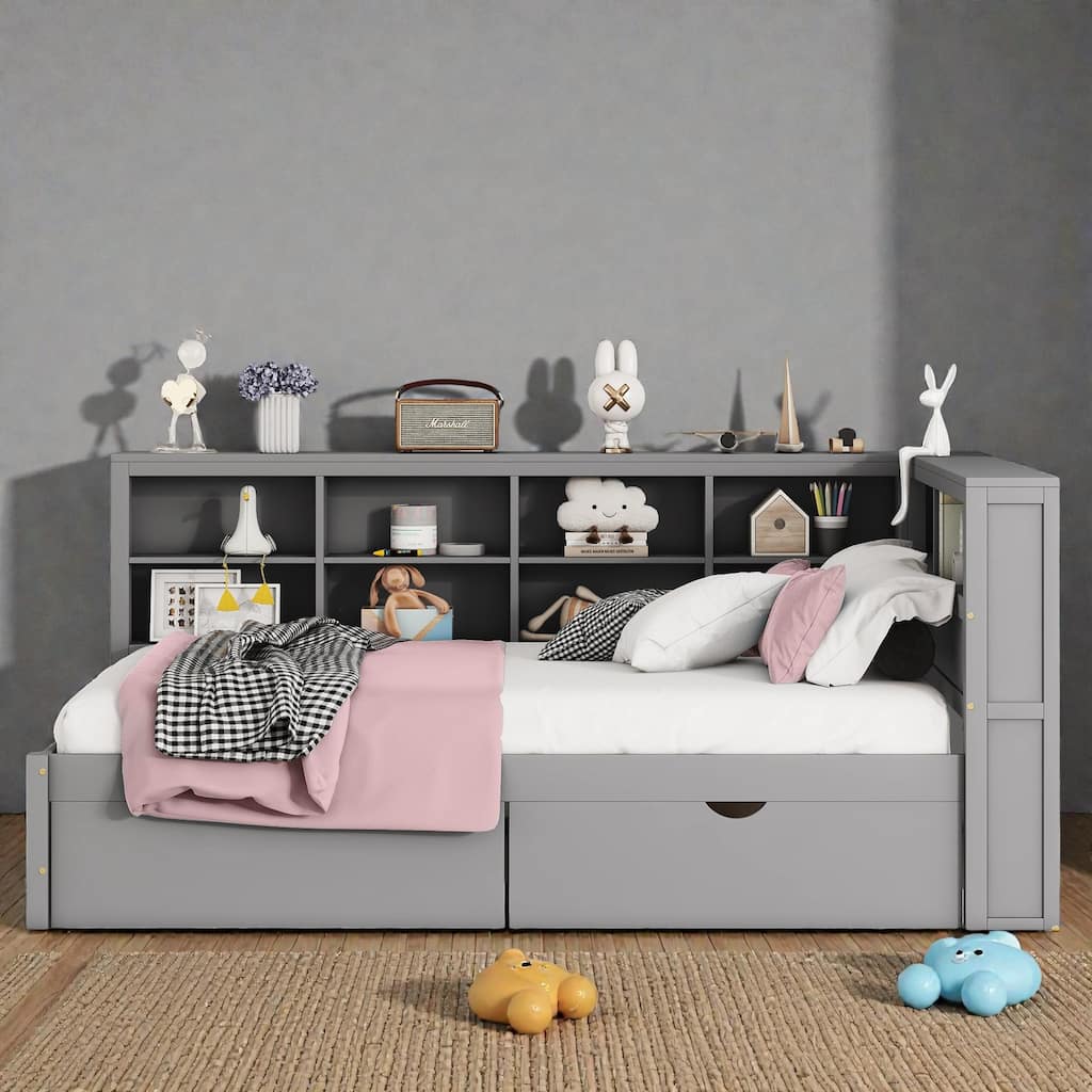 Full Size Wooden Daybed with 2 Storage Drawers, USB Charging Ports, Double-Layer Shelf, Sturdy Slatted Support