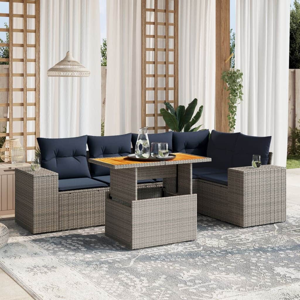 vidaXL Patio Sofa Set with Cushions Outdoor Furniture 6 Piece Poly Rattan - 24.4 x 24.4 x 27.2