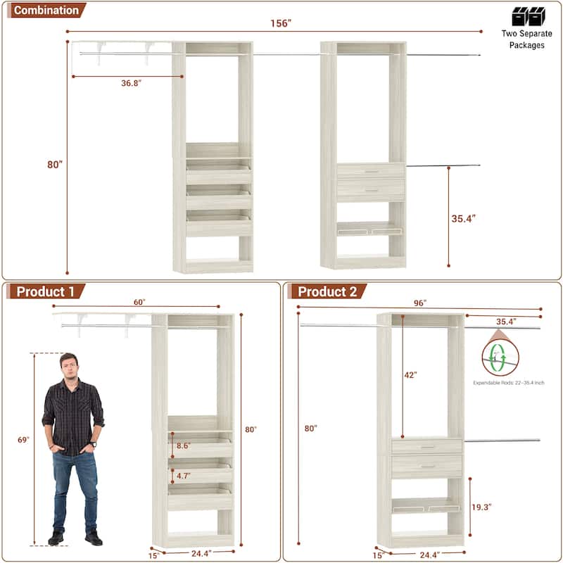 Walk-In Closet Set of 2: 50"-156" Adjustable Organizer System with 6 Hanging Rods, 5 Drawers, 1 Shelves, Shoe Rack