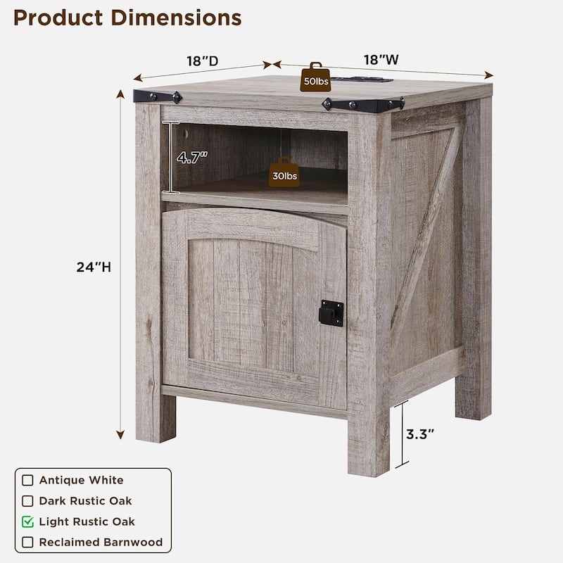 Farmhouse Nightstand with Charging Station, Wood End Table, Side Table