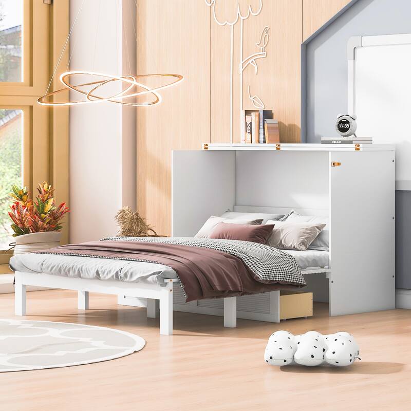 Modern Full Murphy Bed with Smooth Pulley Design, Storage Drawers, Sockets & USB Ports for Compact Living
