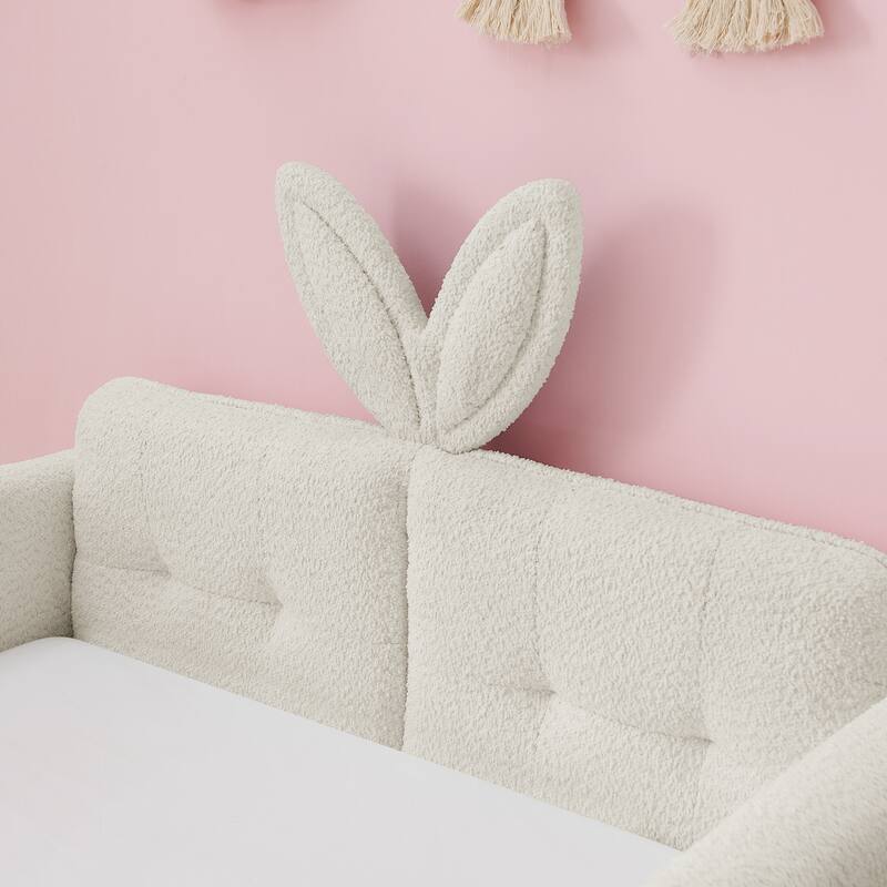 Cute Twin Size Platform Bed with Rabbit Ear Shaped Headboard, Safety Guardrails and Pockets, Boucle Fabric Upholstered Bed
