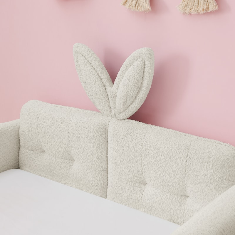 Twin Size Platform Bed Upholstered Bed with Safety Rail and Pocket, Kids Bed with Rabbit Ear, Skin-friendly Boucle Fabric