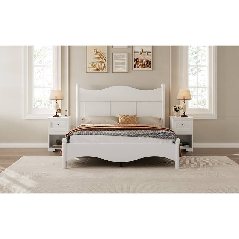 Queen Size Retro Style Wood Platform Bed Frame with Wooden Slat Support, Elegant White Design