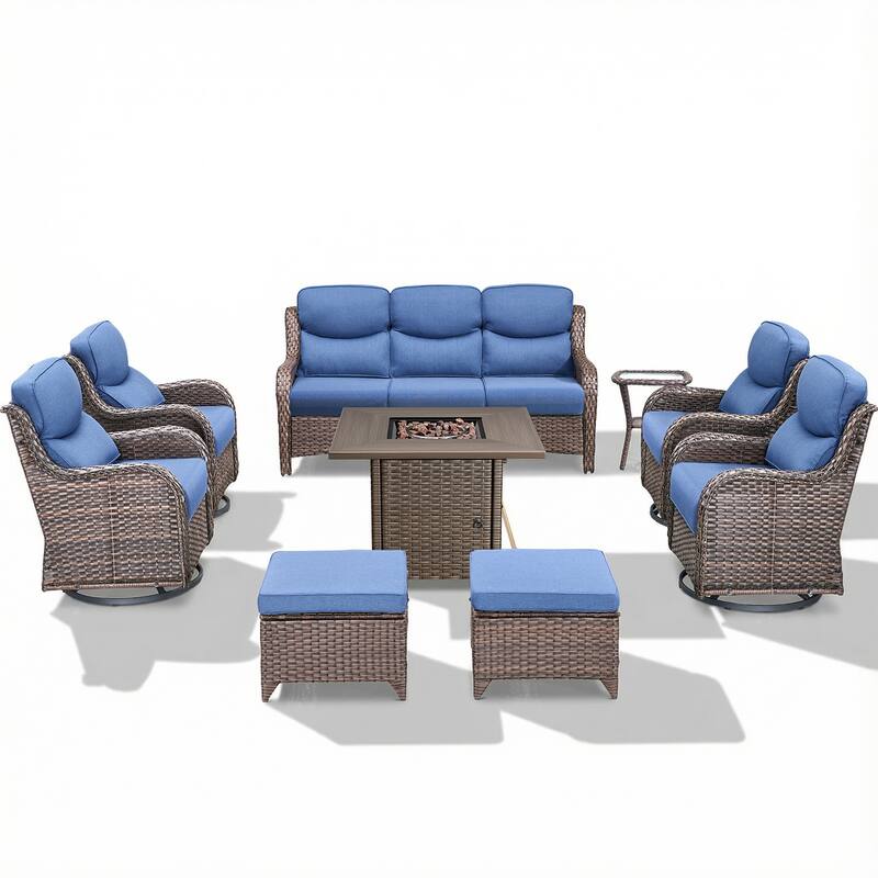 Pocassy Outdoor Propane Fire Pit Table with Sofa Swivel Chair Funiture Set.