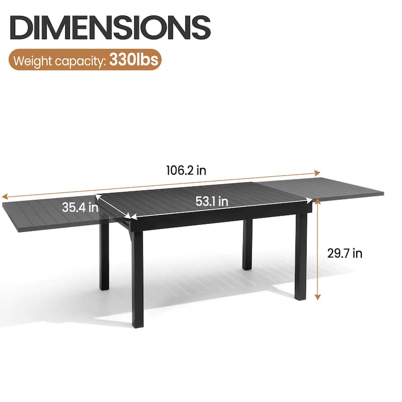 Outdoor Aluminum Expandable Patio Dining Table Adjustable Extension Leaf for 6/8/10 Person
