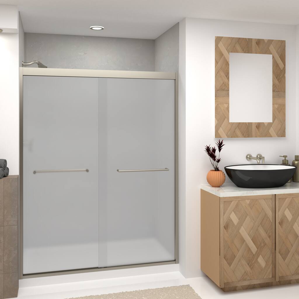 Frederick 59 in. W x 76 in. H Sliding Semi-Frameless Shower Door in Brushed Nickel with Frosted Glass - 60 x 76 - 60 x 76