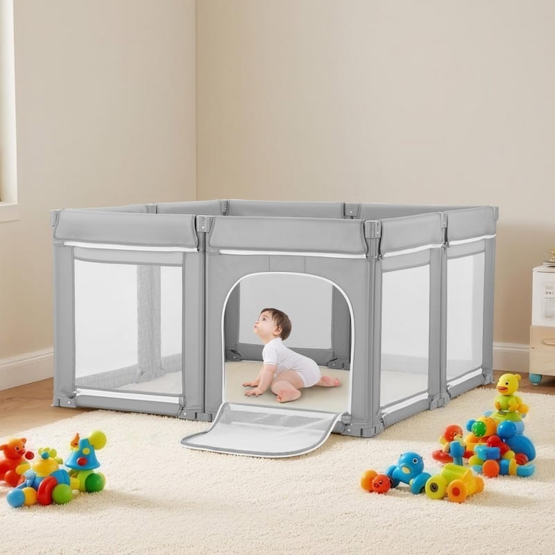 Foldable Grey Baby Fence with Mesh Walls Modular Playpen Design for Indoor and Outdoor Use - 50" x 50" x 27.36"