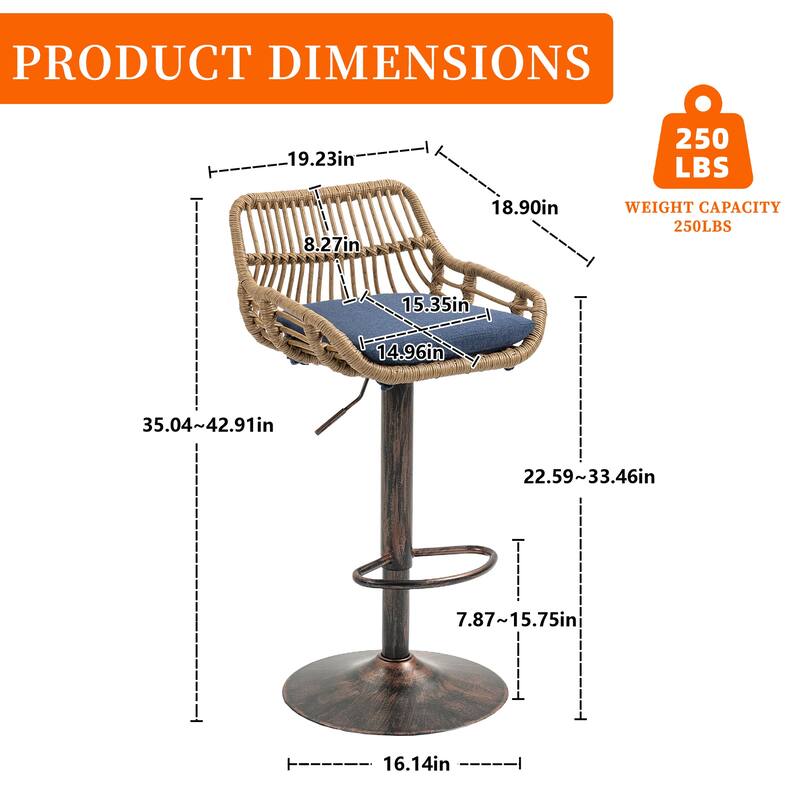 Plastic Rattan Linen Swivel Adjustable Height Bar Stools With Footrest(set of 2)