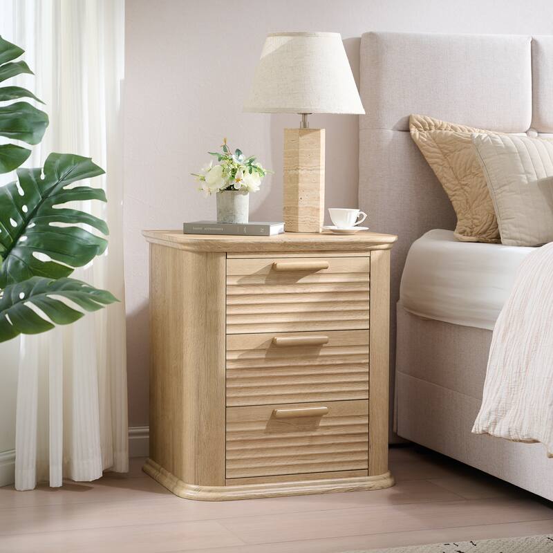 22" Wide Fluted Nightstand with Charging Station, Modern End Table, Wood 3 Drawer Dresser, Large Bedside Tables - Oak